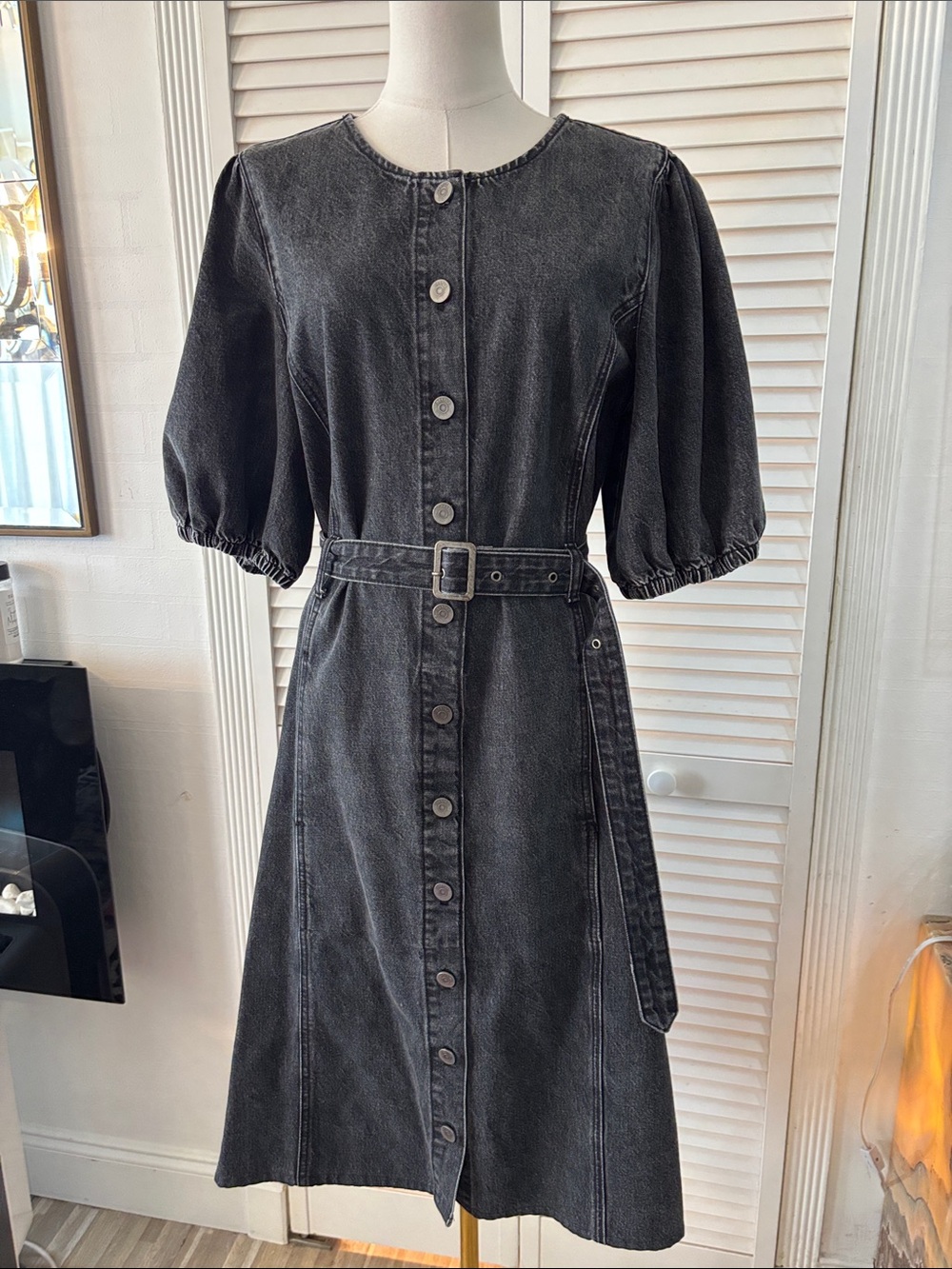 Gestuz Washed Black Midi Denim Dress with Belt, US6